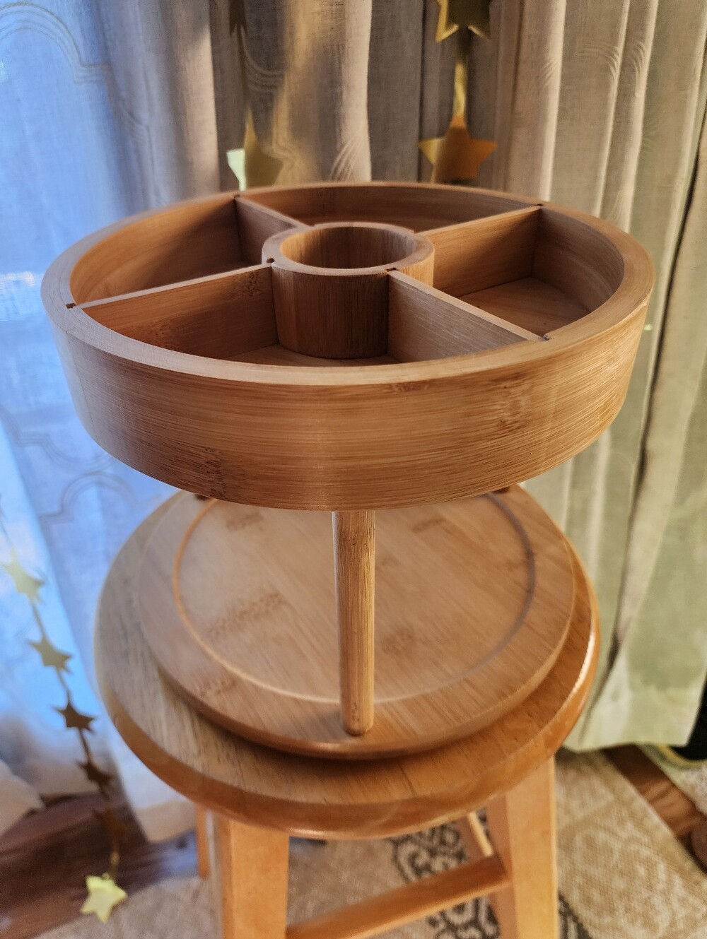 Round Bamboo Two-Tier Organizer - Natural Wood